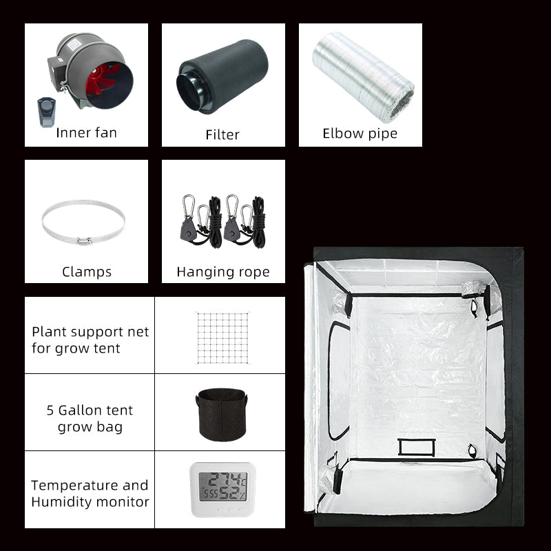 TheOneGrow 5x5 Grow Tent Kit - Complete Ventilation System with 6" Fan, Carbon Filter, Timer& Trellis