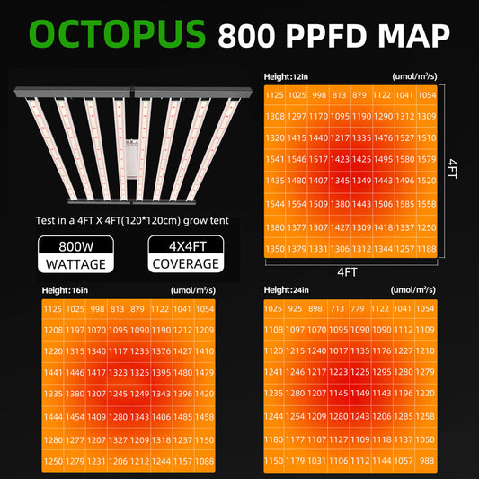 led grow light, 800W, theonegrow, PPFD map