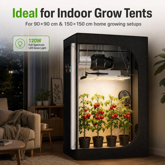 MA120 LED grow light installed inside an indoor grow tent