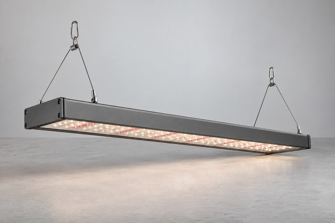 Unbranded LED fixture on a neutral workbench