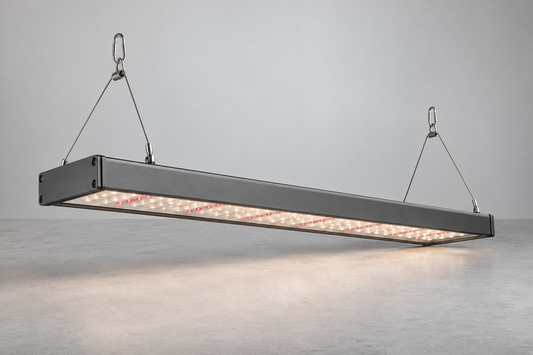 Unbranded LED fixture on a neutral workbench
