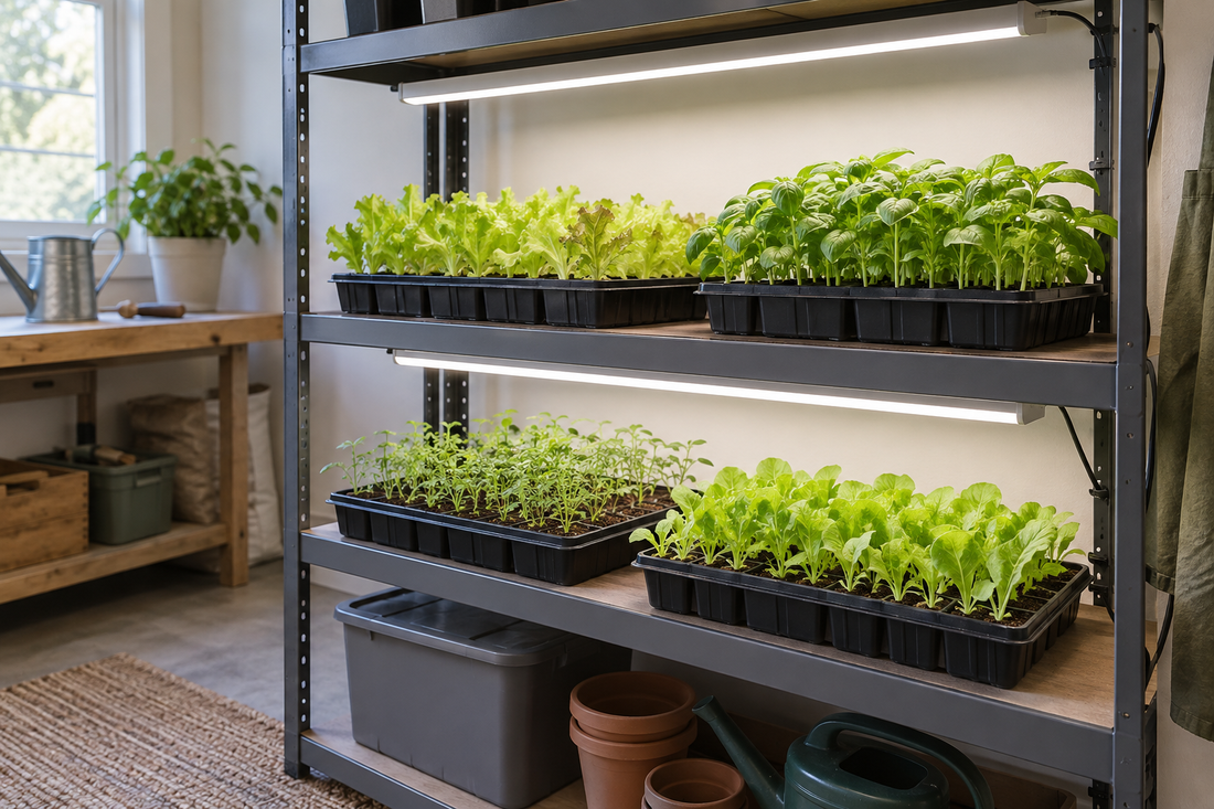 Lettuce and basil seedling trays on a shelf under white lights