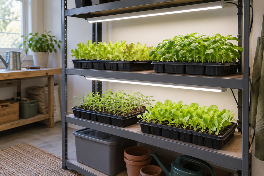 Lettuce and basil seedling trays on a shelf under white lights