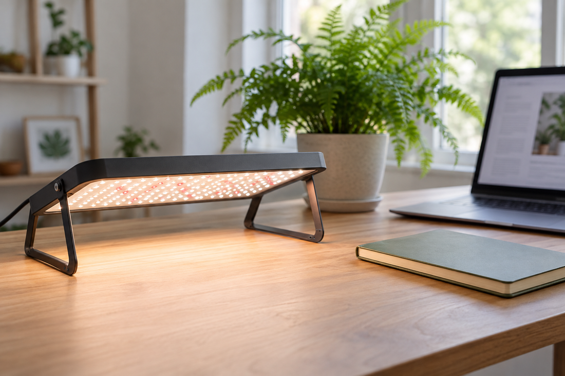 Generic plant light beside a notebook and laptop