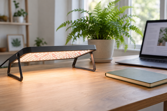 Generic plant light beside a notebook and laptop