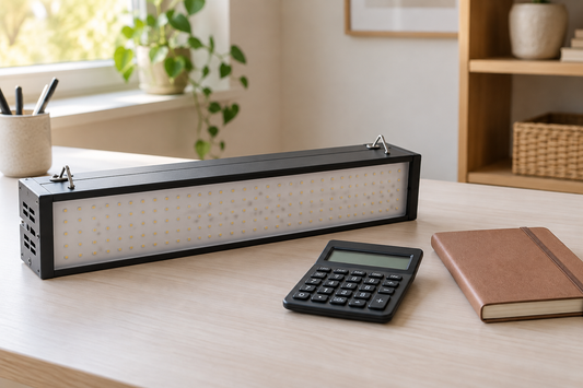 Light fixture beside a calculator and notebook