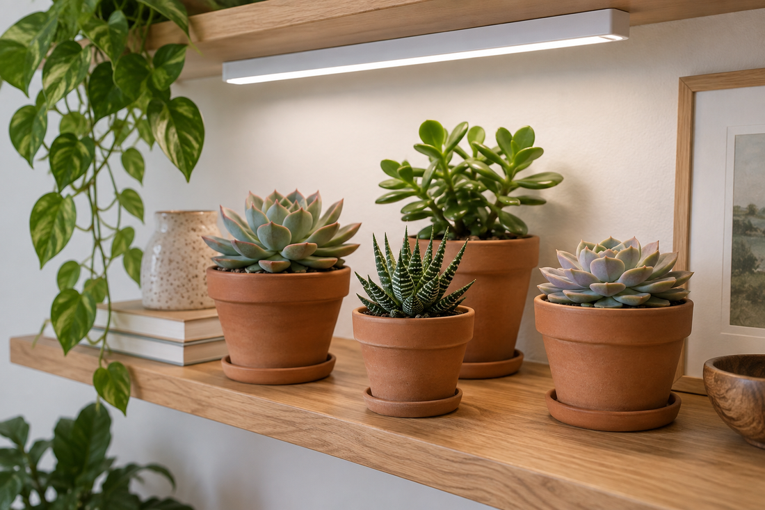 Succulent collection beneath a shelf lamp
