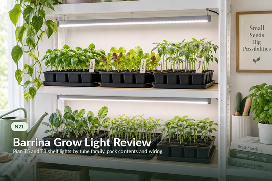 Plant shelf with multiple slim LED tube lights and healthy seedlings and houseplants.