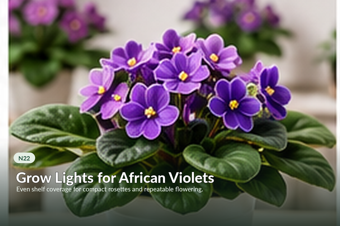 Purple African violets growing in a bright indoor setting under supplemental lighting.