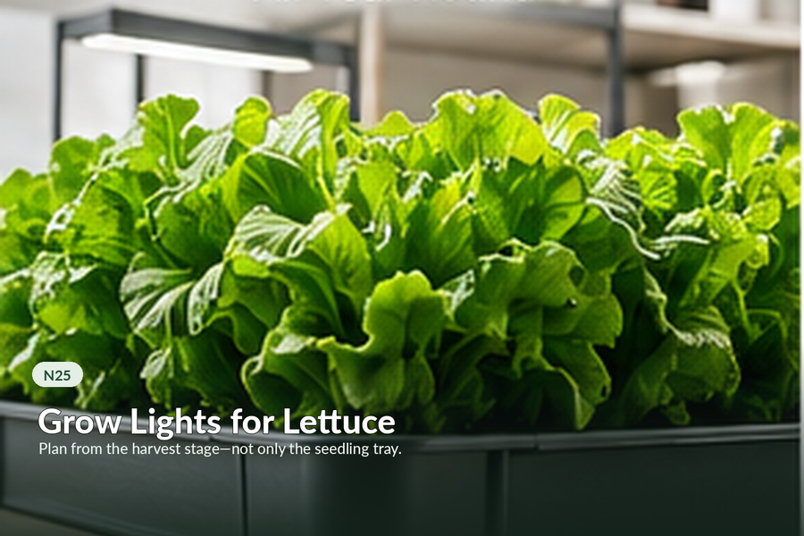 Dense healthy lettuce growing under indoor LED shelf lights.