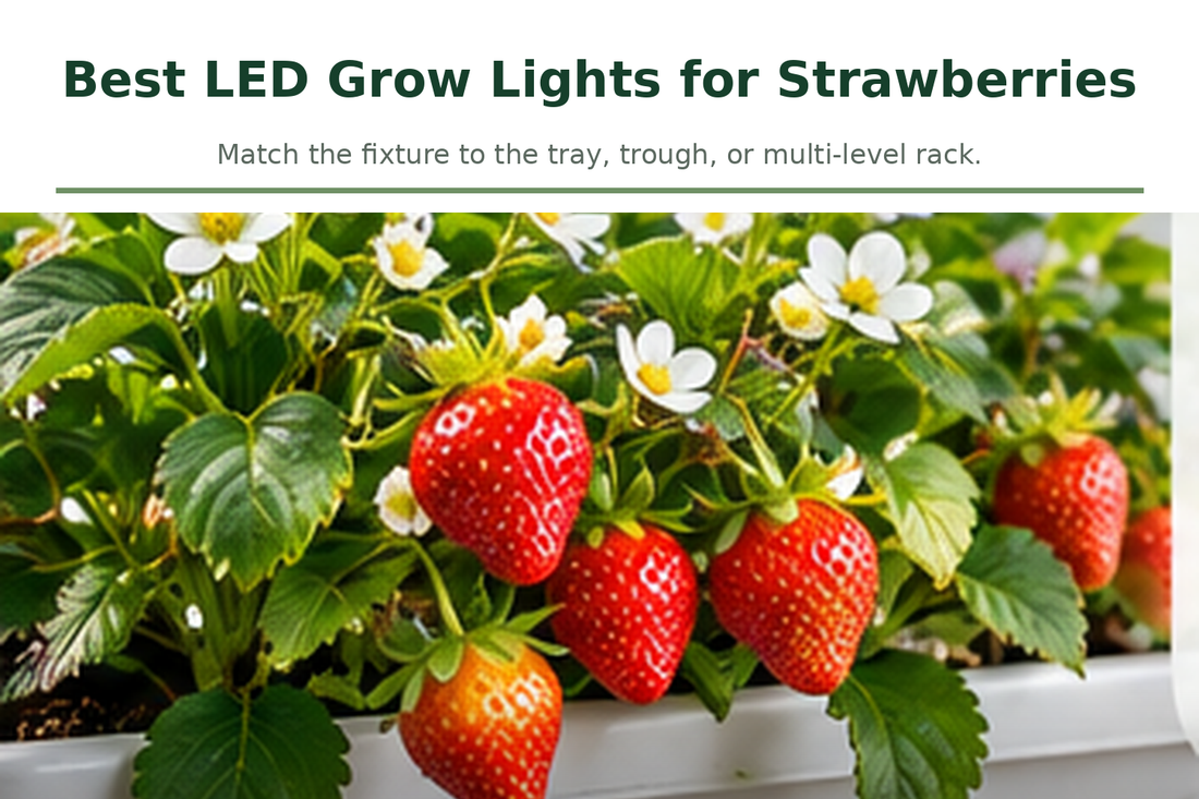 Indoor strawberry plants with flowers and ripe fruit growing in a compact tray.