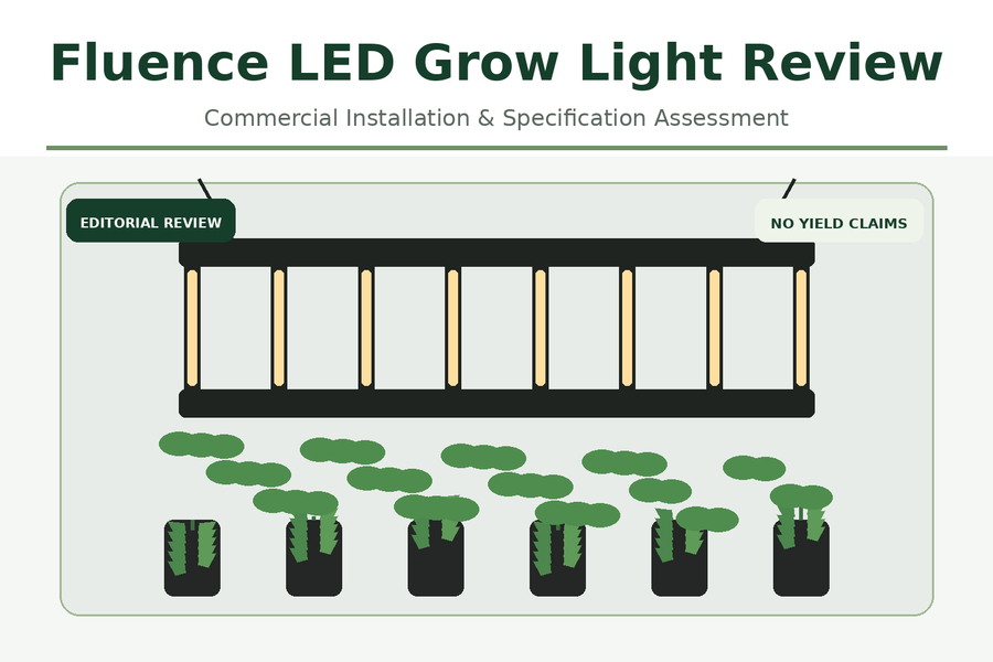 Editorial illustration of a wide commercial multi-bar LED fixture over a uniform indoor canopy for a Fluence specification review.