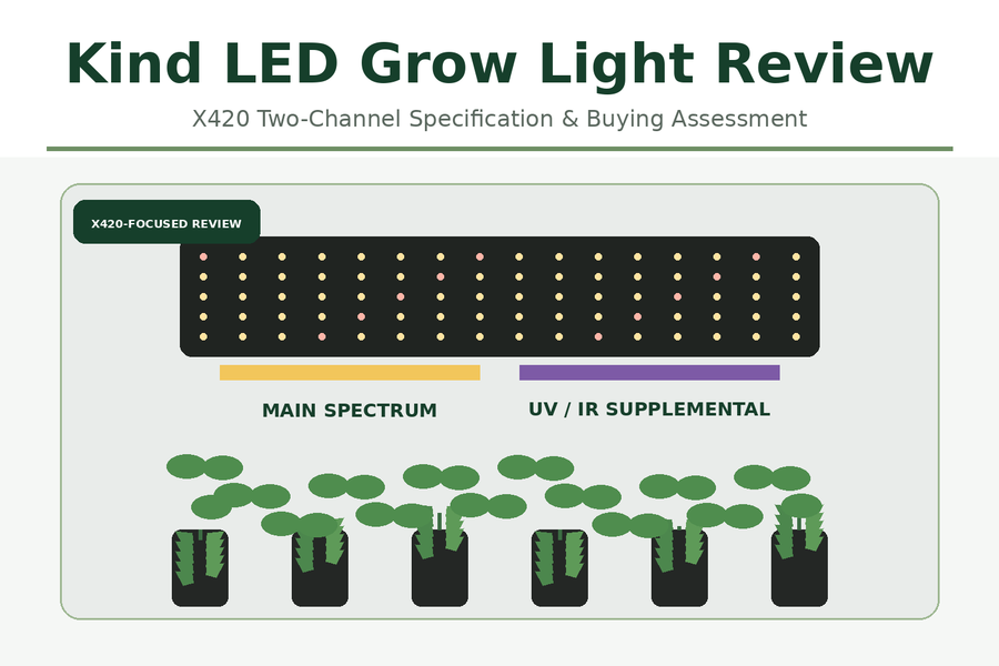 Editorial illustration of a long low-profile two-channel LED fixture over a 2×4 canopy for a Kind X420 buying assessment.
