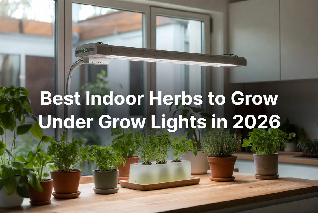 Indoor culinary herbs growing under a full-spectrum LED grow light
