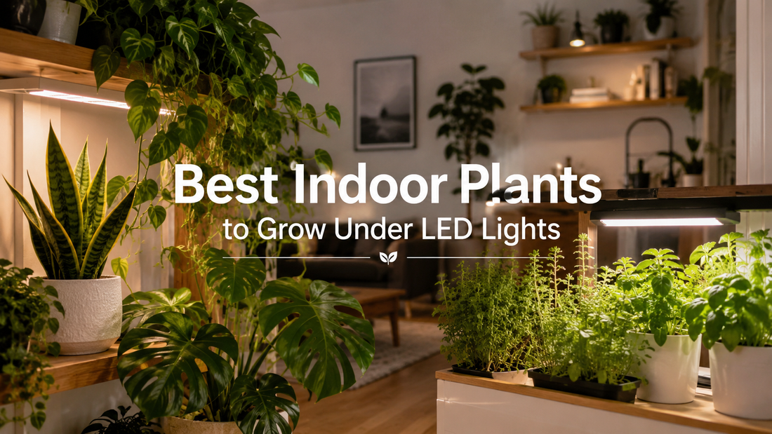 Common houseplants growing under a full-spectrum indoor LED grow light