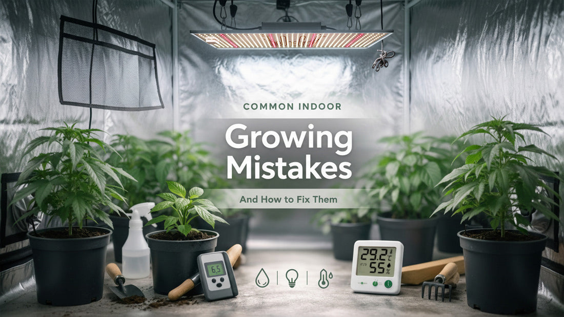 Indoor garden being checked for lighting, watering, and airflow mistakes