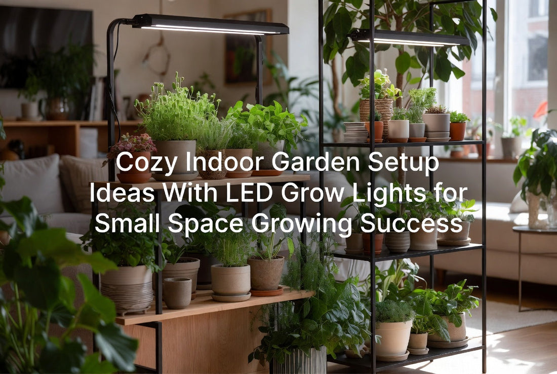 Compact indoor herb garden kit with basil and leafy herbs under an LED light