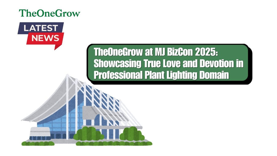 TheOneGrow team and LED grow-light display at MJBizCon 2025 in Las Vegas