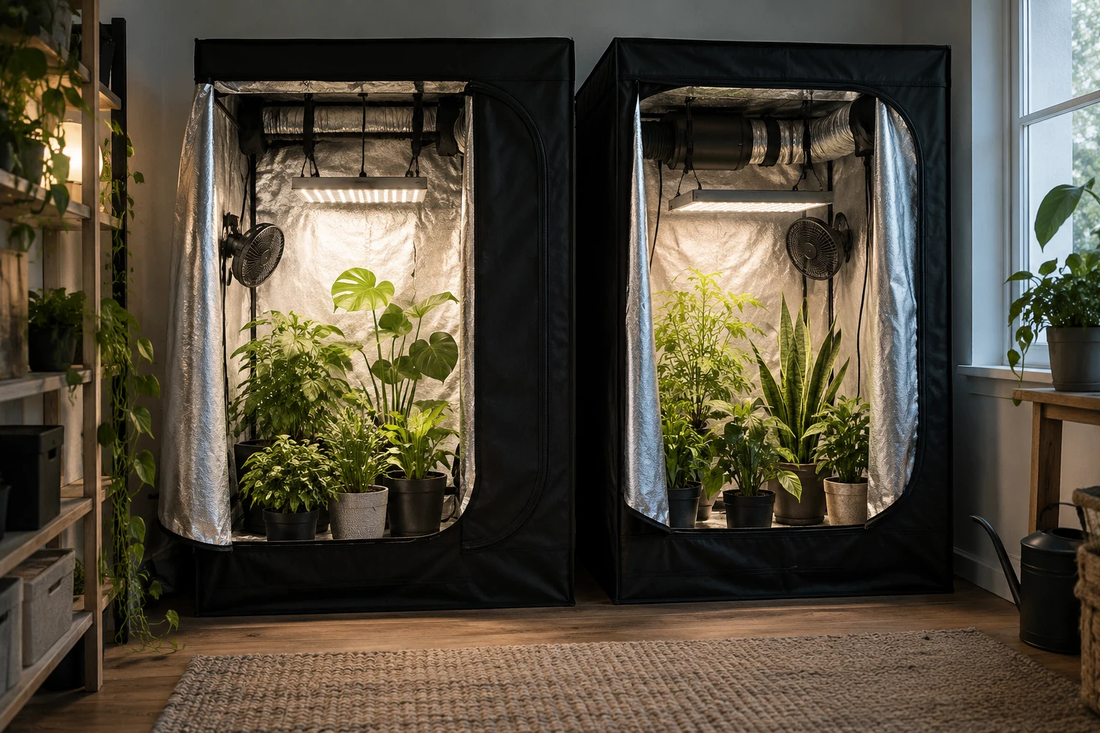 Two generic grow tents arranged in an illustrative spare room