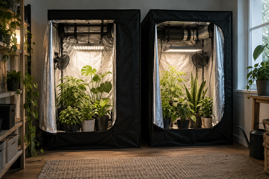 Two generic grow tents arranged in an illustrative spare room
