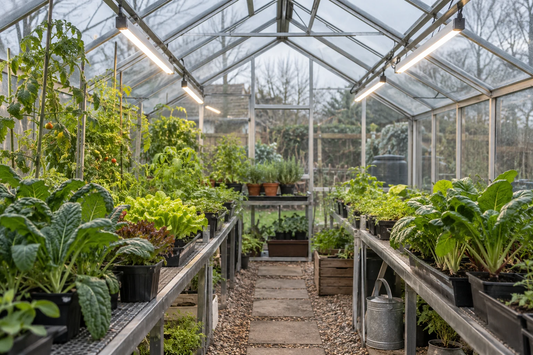 Supplemental lights alongside daylight in an illustrative greenhouse