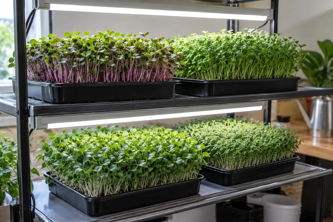 Microgreen trays on an illustrative indoor lighting rack