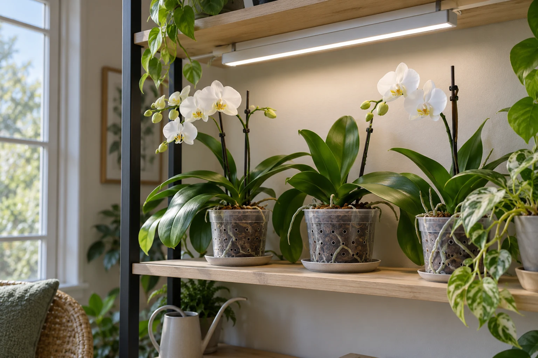 Moth orchids under a linear lamp in an illustrative home plant corner