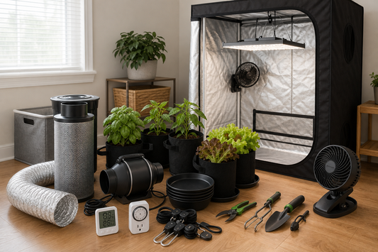 Budget grow tent kit components with LED light, inline fan, filter, ducting, circulation fan, fabric pots, basil, lettuce, and pepper plants
