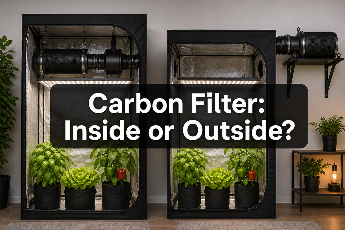 Inside and outside grow tent carbon filter layouts compared with fan, duct, and support positions