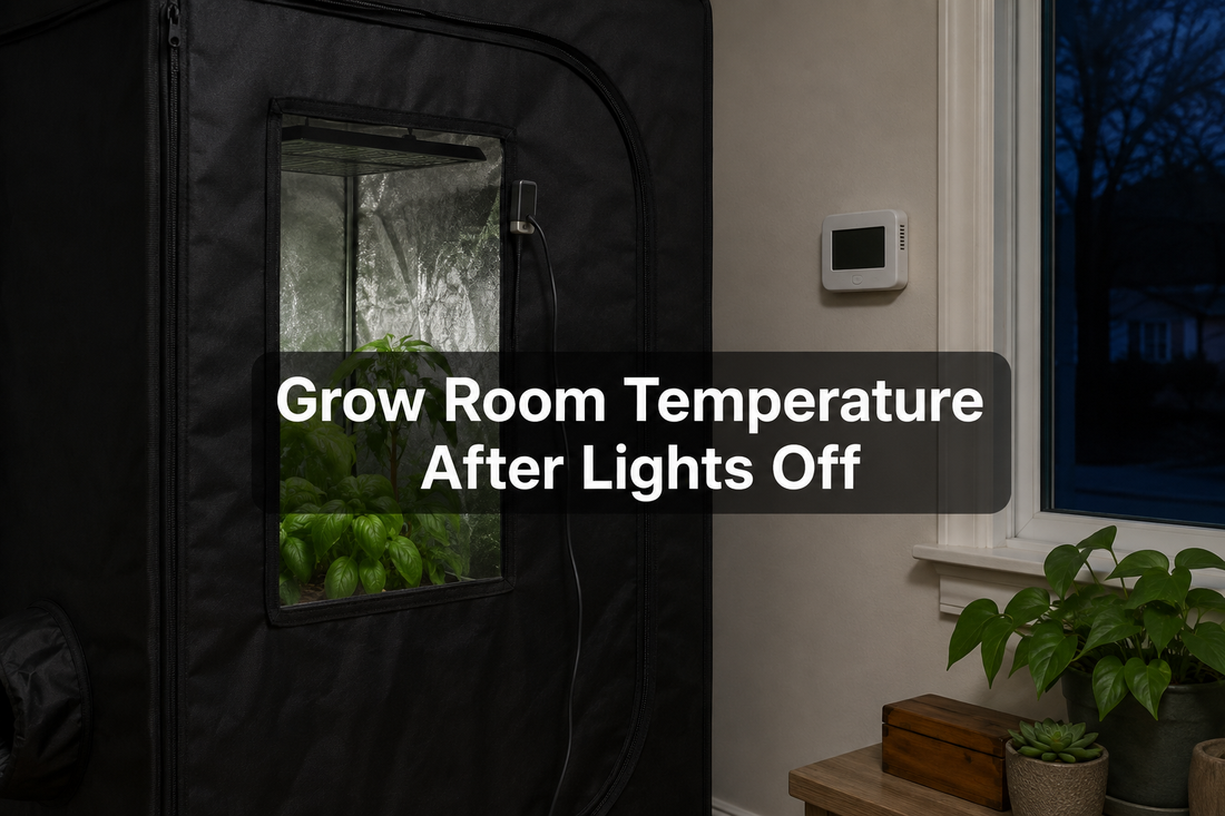 Closed grow tent, wall thermostat, and temperature probe in a room at night