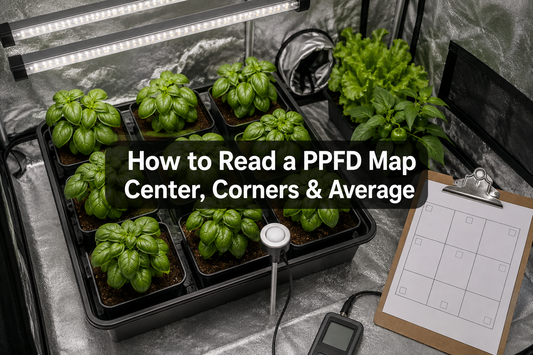 Quantum sensor beside a plant tray and a blank nine-point grid for recording a PPFD map