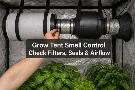 Sealed grow tent carbon filter and inline fan path checked for odor leaks and airflow