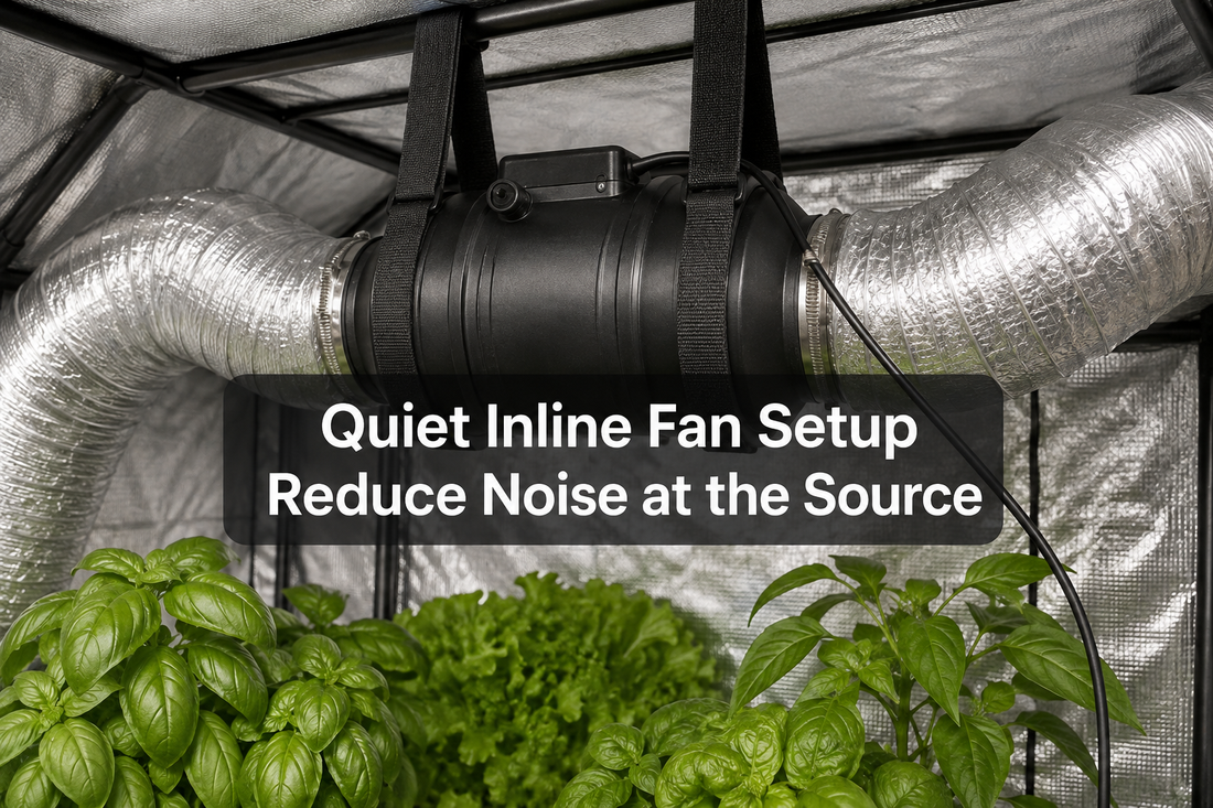 Inline grow tent fan isolated from the frame with a smooth duct route for lower noise