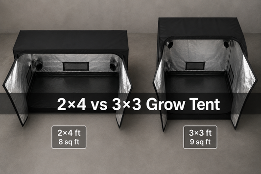Illustrative comparison of rectangular 2x4 and square 3x3 grow tent floor space