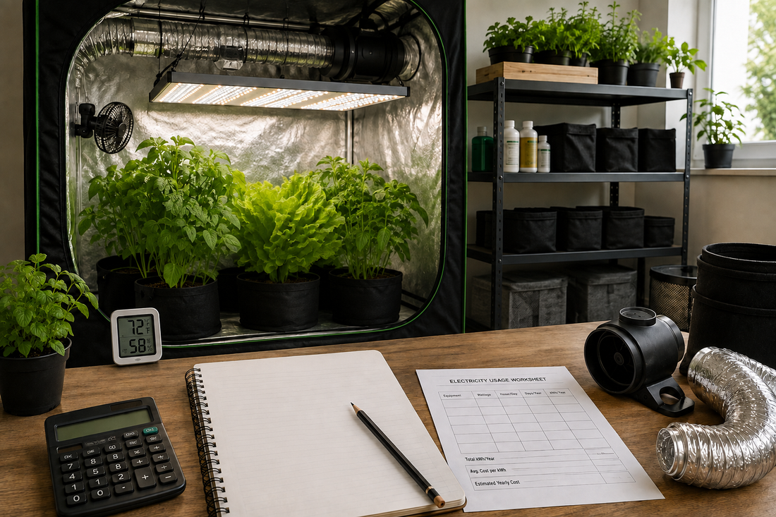 Grow room setup cost first-year budget with grow tent, LED light, ventilation, calculator, and budget worksheet