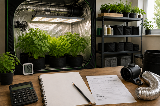 Grow room setup cost first-year budget with grow tent, LED light, ventilation, calculator, and budget worksheet