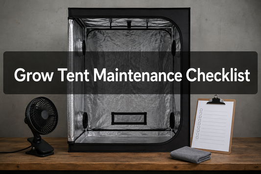 Empty grow tent, clip fan, checklist and cloth for maintenance