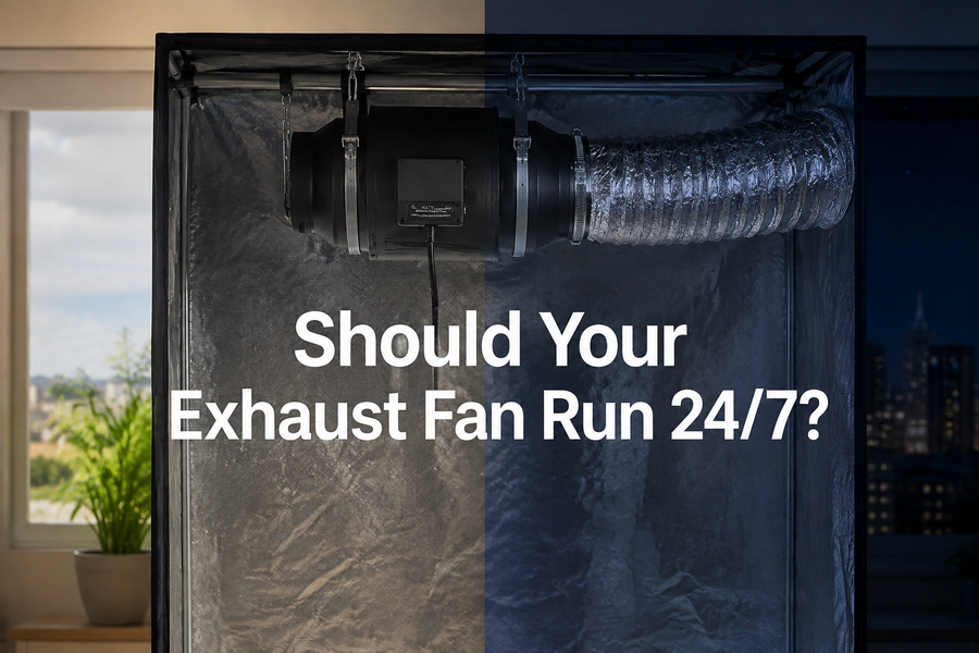 Inline exhaust fan and duct inside a grow tent shown in day and night lighting