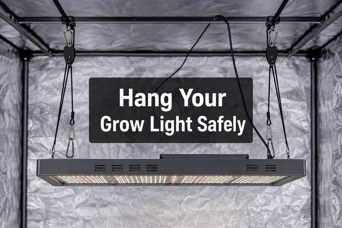 Illustrative LED fixture suspended level from rope ratchet hangers inside a tent