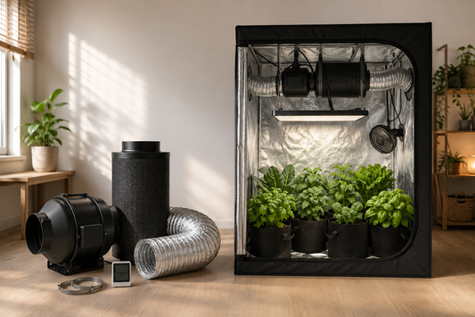 Grow tent ventilation system components beside a complete 3x3 grow tent kit with LED light and airflow equipment