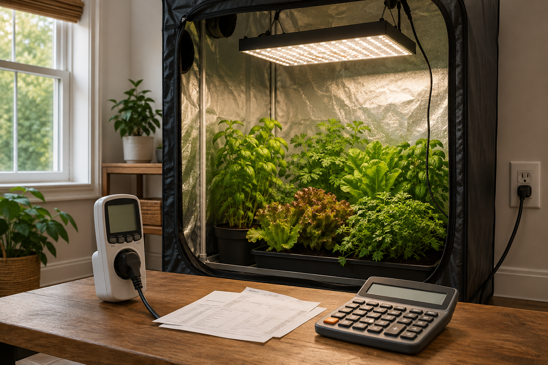 Grow light electricity cost calculation with LED grow tent, plug-in power meter, utility papers, and calculator