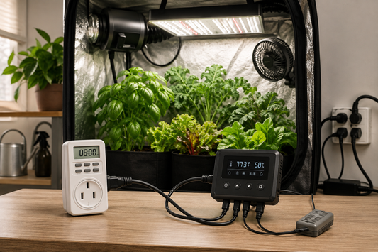 Grow tent automation comparison with a plug-in timer, environmental controller, sensor, LED light, and ventilation equipment