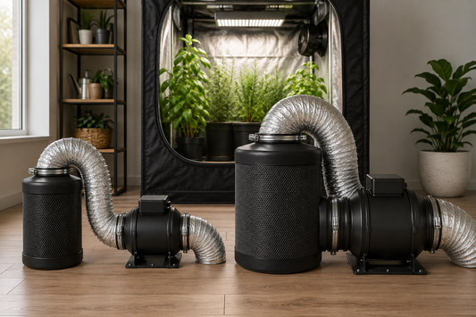 4-inch and 6-inch inline fan and carbon filter systems compared side by side with matching duct sizes
