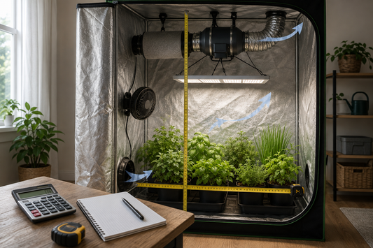 Exhaust fan size calculator setup with measured grow tent dimensions, inline fan, carbon filter, airflow direction, notebook, and calculator