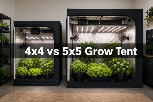 4x4 and 5x5 grow tents compared side by side for footprint, access, lighting, and ventilation