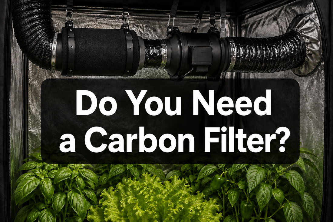 Activated carbon filter with a curved duct connection installed in a sealed grow tent exhaust path