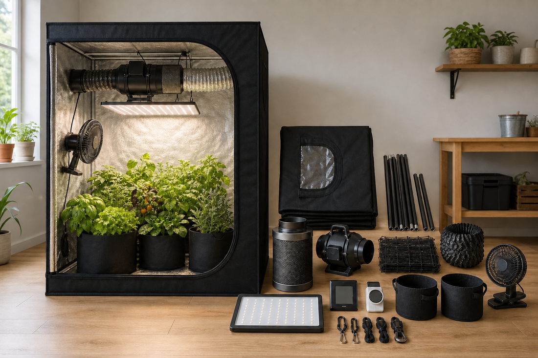 A complete 3x3 grow tent kit beside separately selected DIY grow tent components