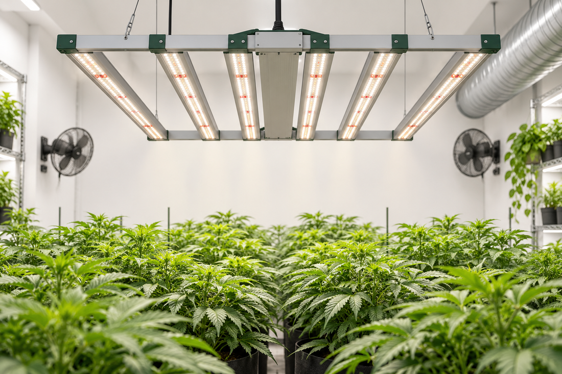 Illustrated indoor growing room with a wide LED bar light above plants