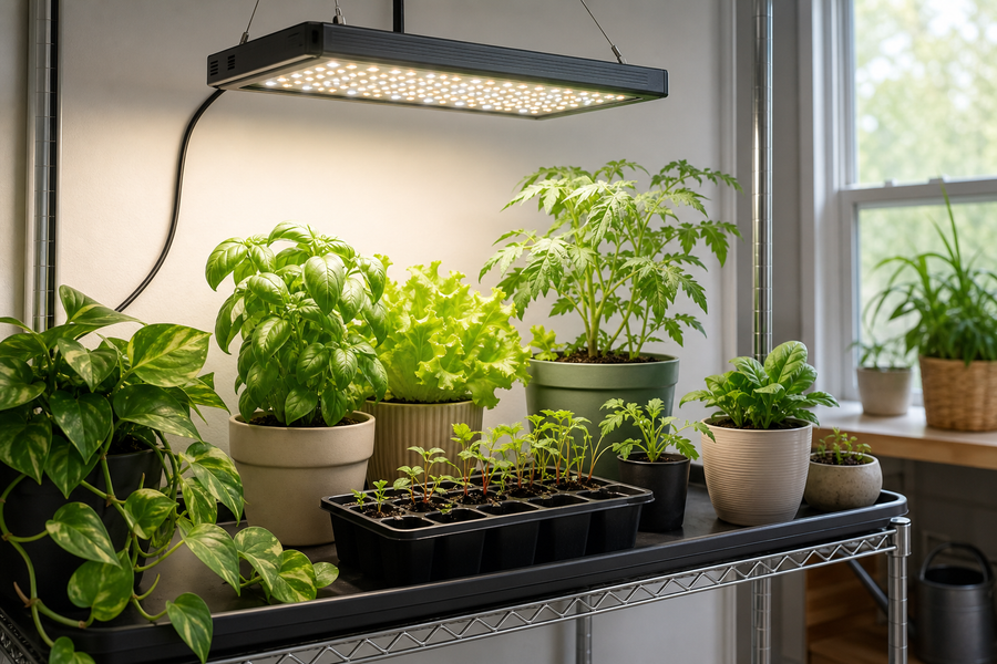 Full-spectrum LED grow light illuminating basil lettuce pothos tomato plant and seedlings indoors