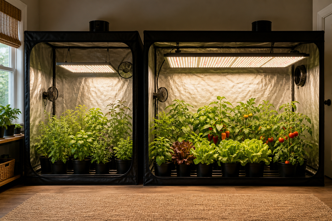 Two indoor grow tents comparing compact and broader grow light coverage over herbs and vegetables